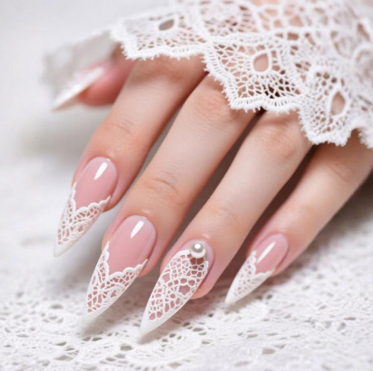 24pc Short Almond Press-On Nails - Elegant French Lace with 3D Gemstone Accents | Complete Acrylic Nail Kit with Jelly Glue & File