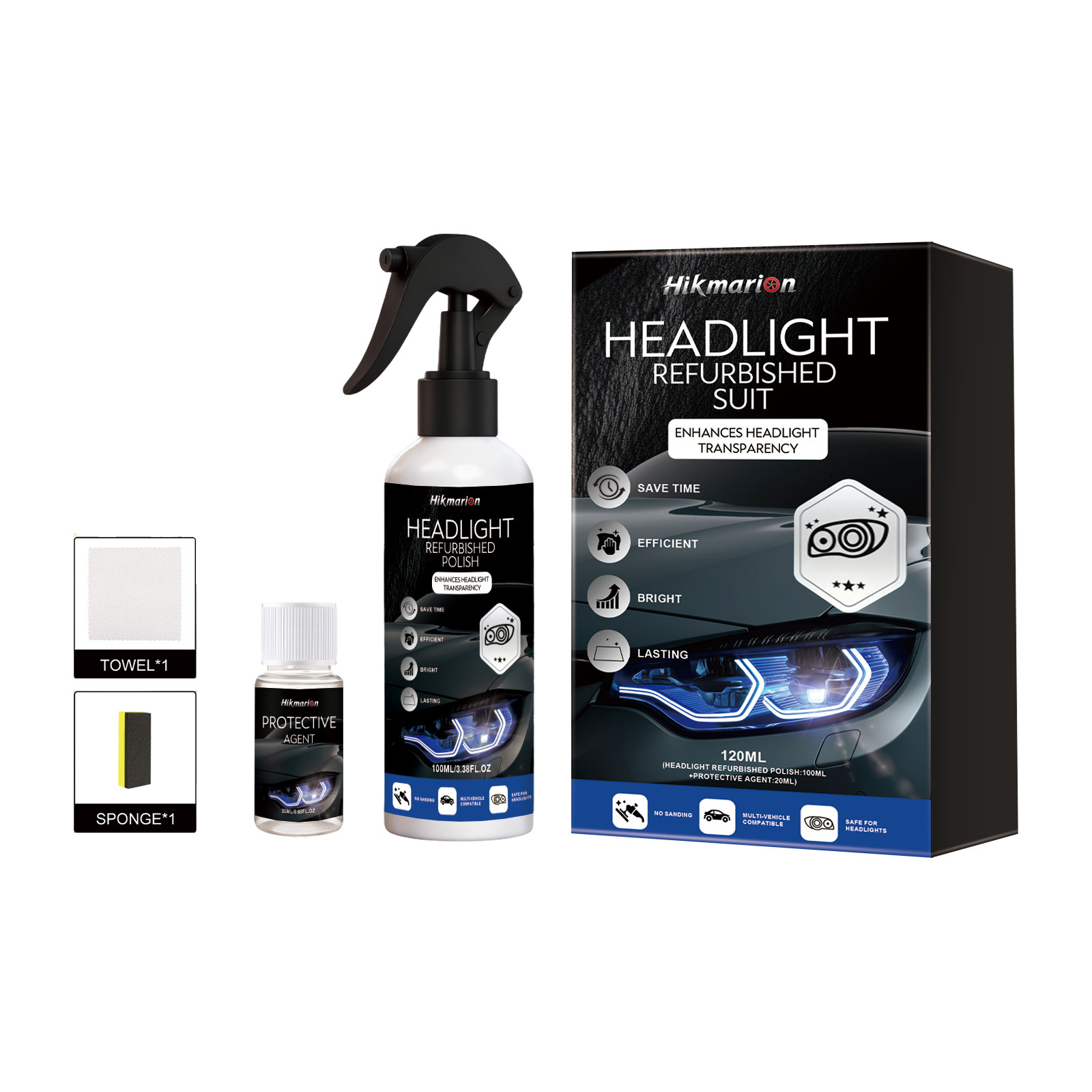 Hikmarion Ultimate Headlight Restoration Kit | Professional Lens Cleaning, Yellowing Stain Removal & Brightening Care System