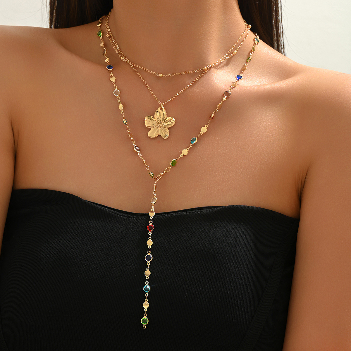 Chic Multi-Layer Geometric Necklace with Colorful Rhinestones – Elegant Bohemian Clavicle Chain for Women