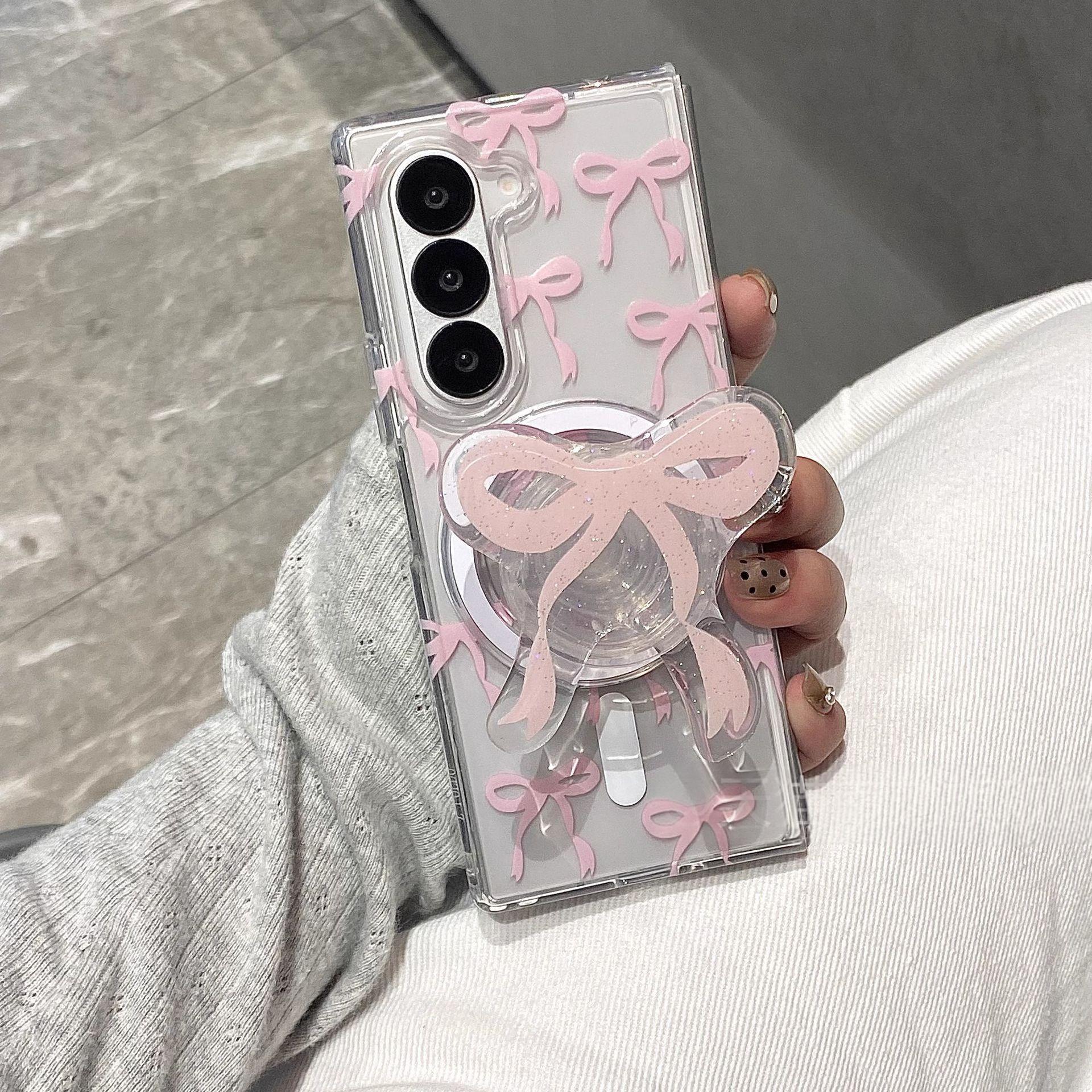 Elegant Pink Bow Magnetic Case for Samsung Galaxy Z Fold 6 | Protective Cover with Kickstand