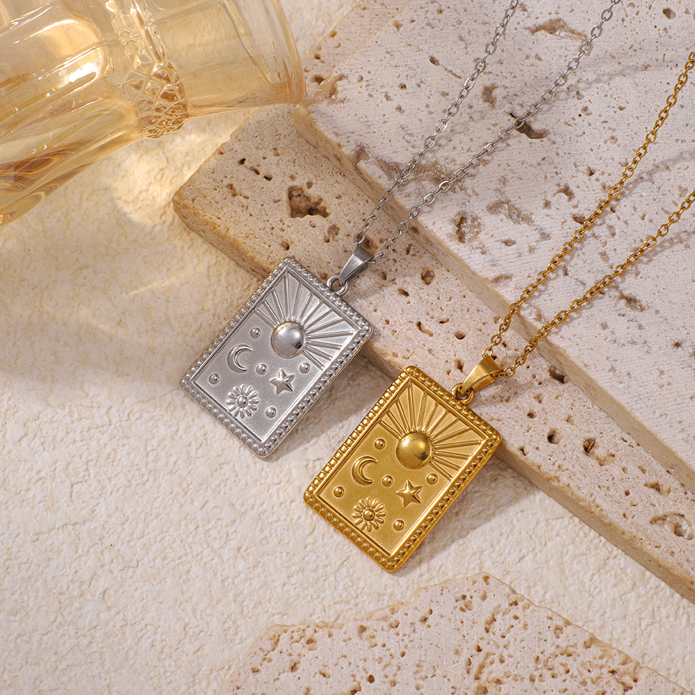 Vintage Two-Tone Stainless Steel Square Sun & Star Pendant Necklace | Waterproof Celestial Clavicle Jewelry