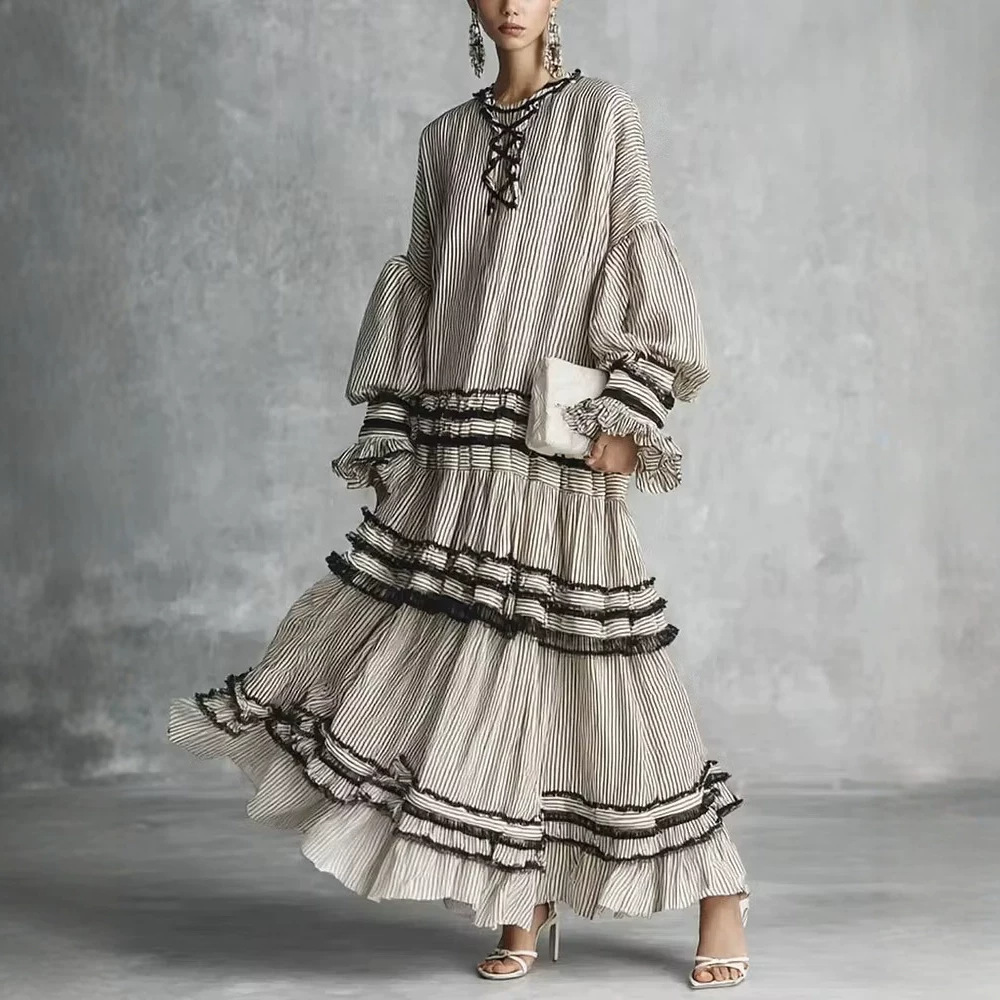 Women's Elegant Puff Sleeve Maxi Dress - Chic Flared Long Dress