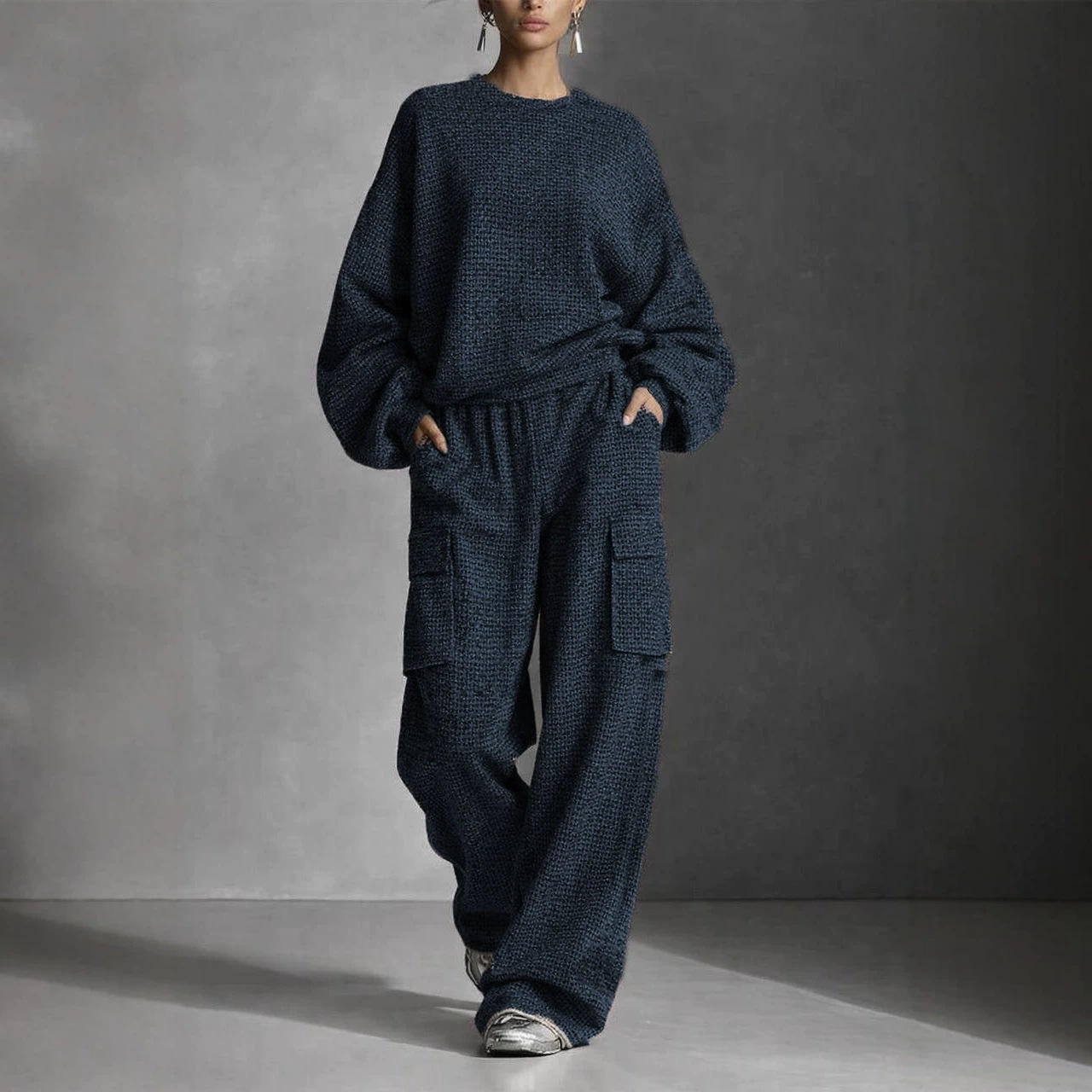Women's 2-Piece Lantern Sleeve Top and Wide-Leg Utility Pants Set - Elegant Casual Co-Ord Outfit