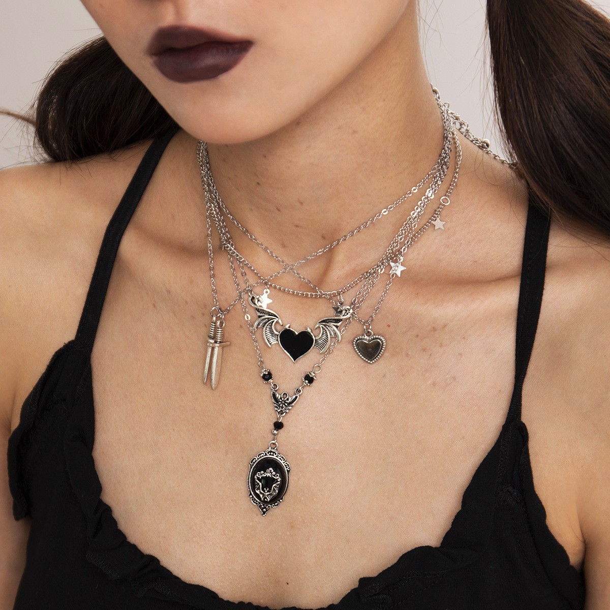 Dark Gothic Heart & Wing Necklace with Sword Pendant | Grunge Aesthetic Jewelry for Women