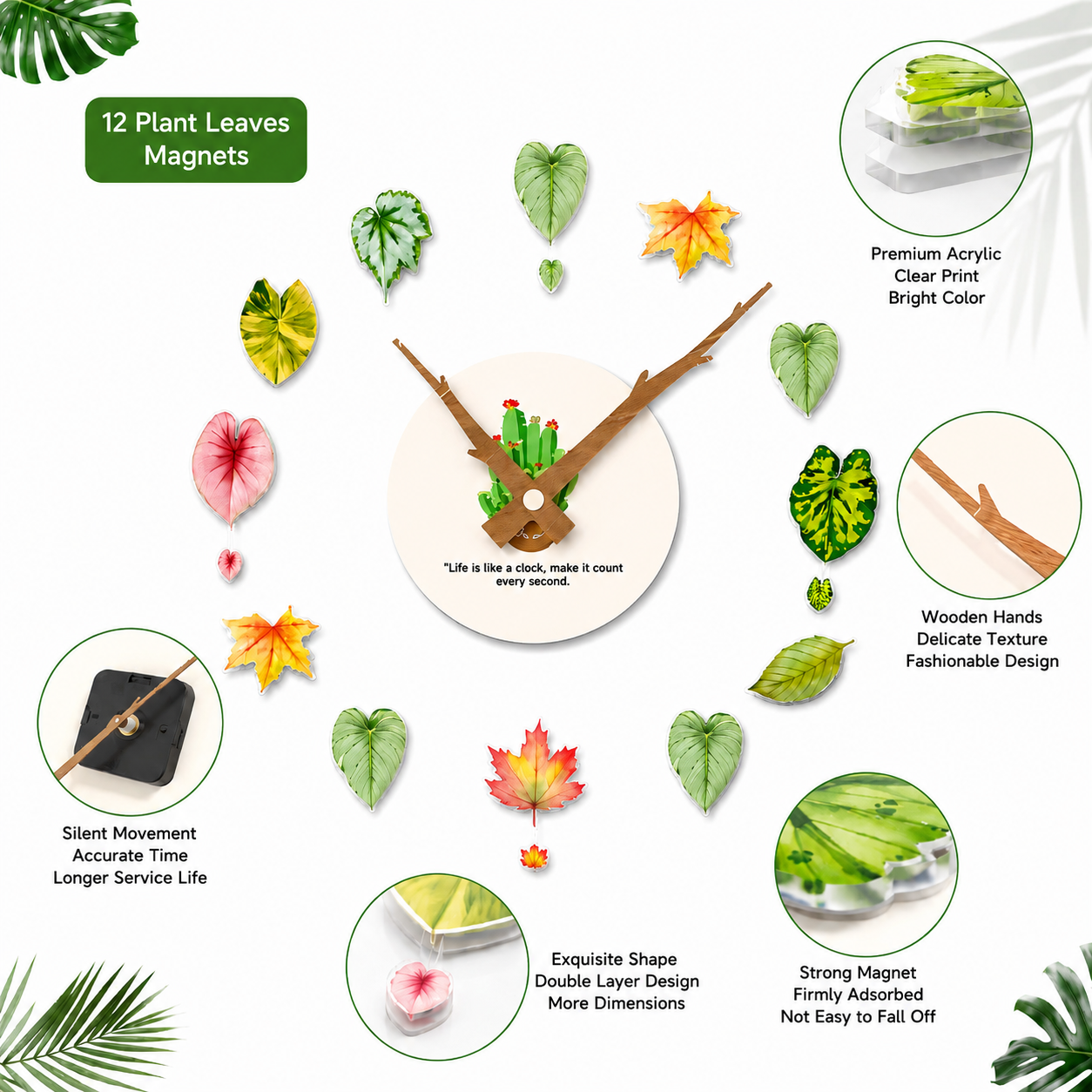 DIY Green Leaf Magnetic Fridge Clock - Silent Quartz Botanical Decor for Kitchen & Home