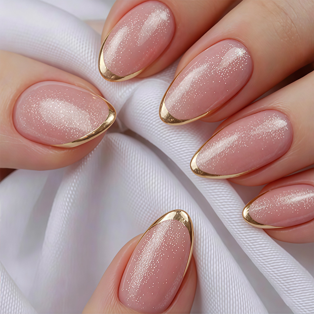 24pcs Short Almond Press-On Nails - Yellow French Tip Acrylic False Nails Kit with Jelly Glue and Nail File
