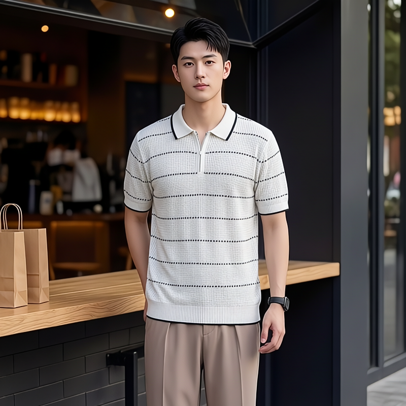 Old Money Men's Ice Silk Knit Polo Shirt - Premium Breathable Striped Summer Top