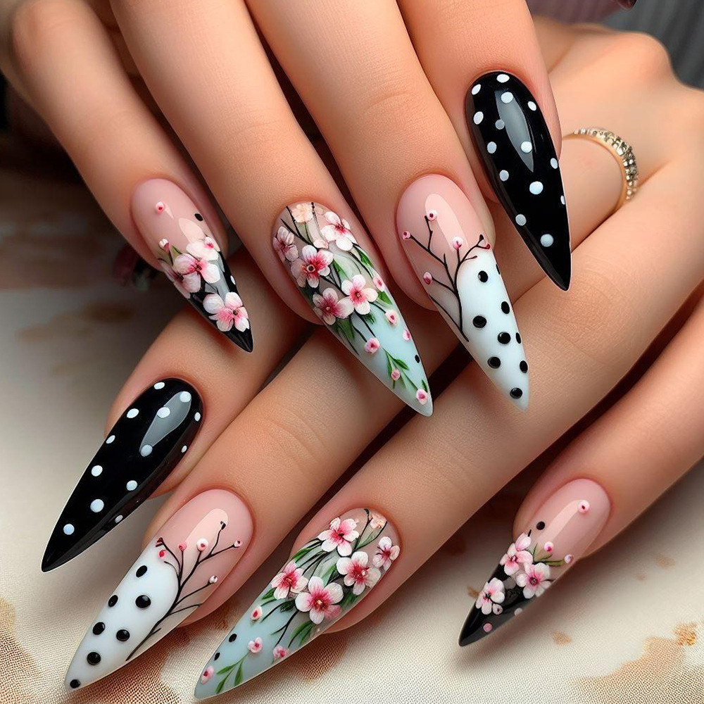 24 Pcs Country-Style Floral French Press-On Nails Kit - Elongated Pointed Acrylic Fake Nails with Jelly Glue & Nail File