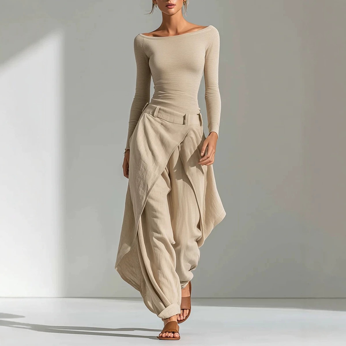 Chic Women's 2-Piece Set | Elegant Irregular Draped Wide-Leg Pants & Casual Tee Streetwear Outfit