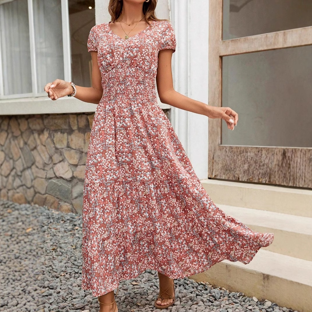 Chic Pink Floral Maxi Dress - Elegant A-Line Short Sleeve Dress for Women