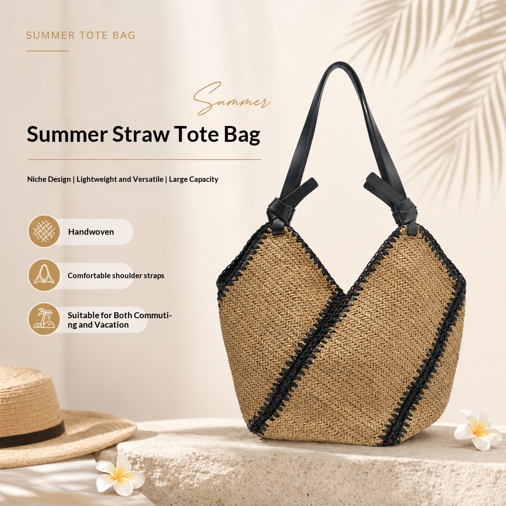 Handmade Striped Straw Shoulder Tote Bag | Chic Large-Capacity Woven Beach & Travel Purse