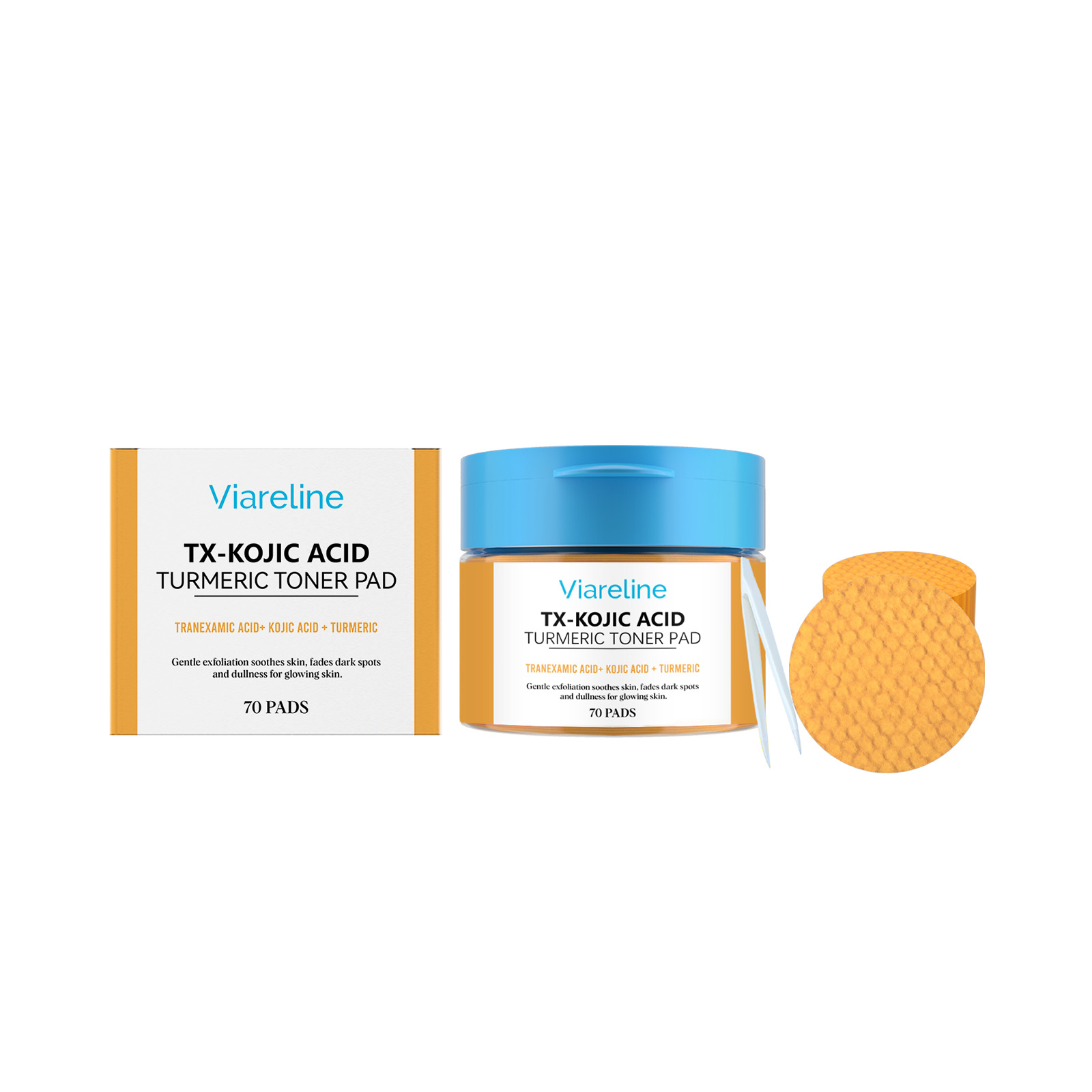 Viareline Kojic Acid & Turmeric Brightening Cleansing Pads | Hydrating Exfoliating Facial Treatment for Glowing Skin