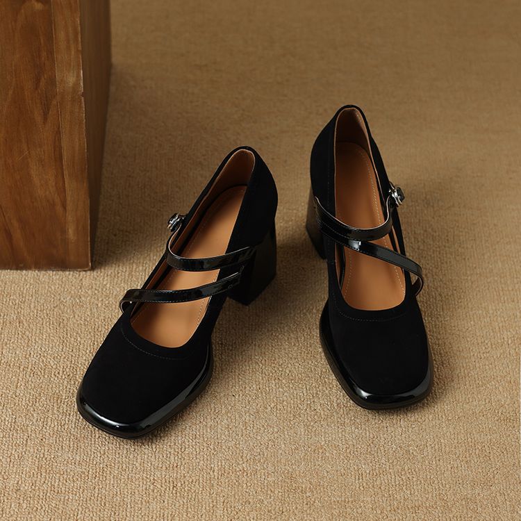 Elegant French Square Toe Mary Jane Suede Block Heels