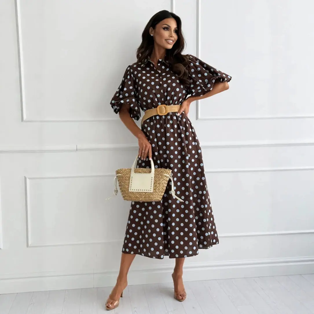 Women's Elegant Polka Dot Midi Dress - Vintage Three-Quarter Puff Sleeve Dress