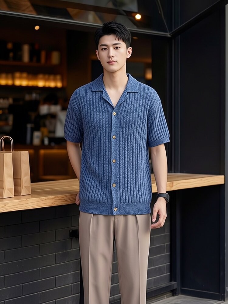 Premium Old Money Style Men's Ice Silk Knit Polo Cardigan | Luxury Textured Short-Sleeve Top