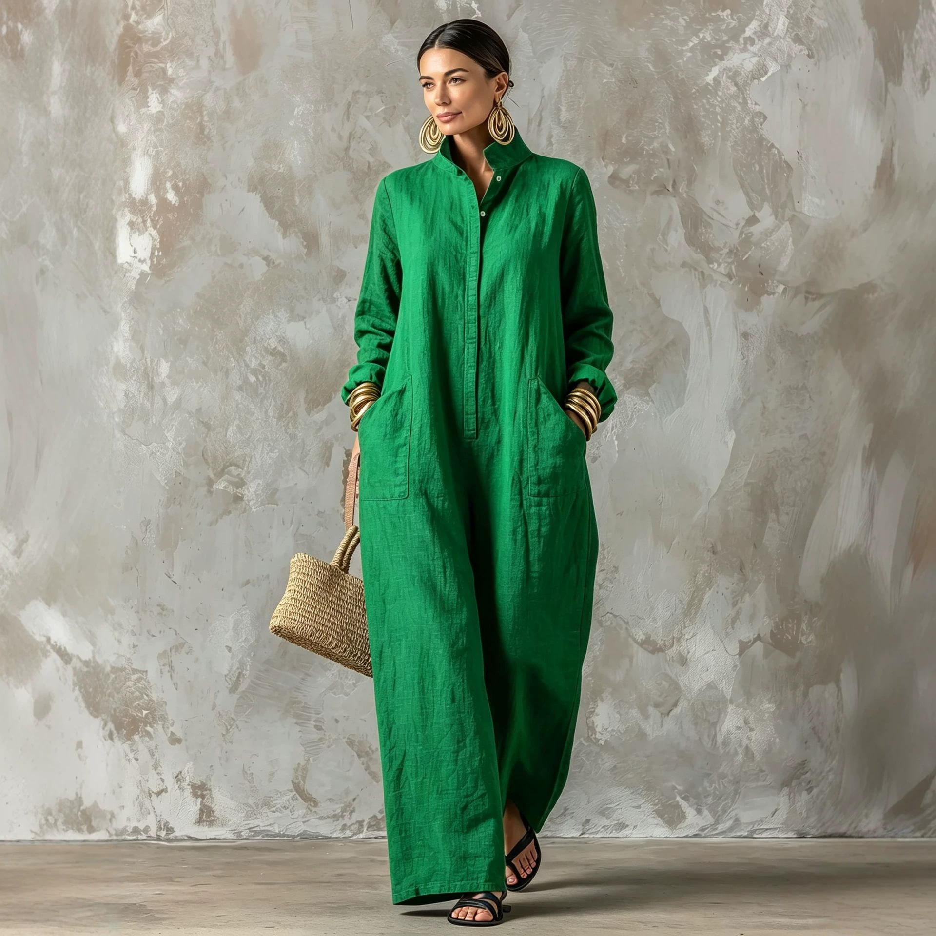 Elegant Mandarin Collar Wide-Leg Jumpsuit - Loose Fit Long Sleeve One-Piece