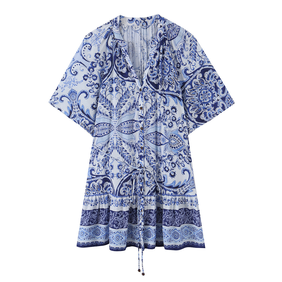 Elegant Blue Patchwork Shirt Dress – Mid-Length Casual Waist-Tie Dress