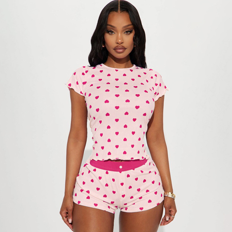 Chic Women's Heart Print Two-Piece Knit Lounge Set - Contrasting Pink Casual Wear