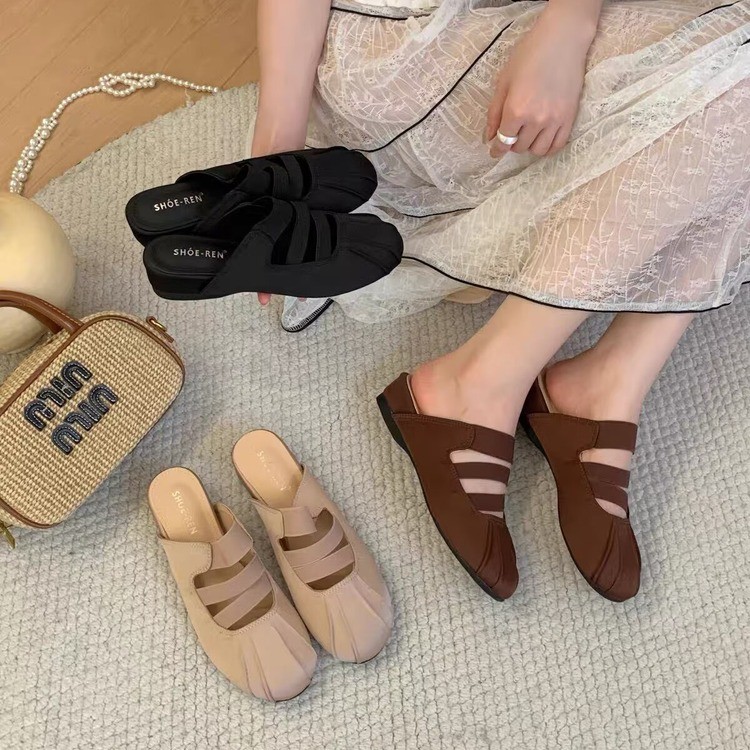 Women's Retro Split-Toe Mule Flats | Chic Three-Strap Pleated Slip-On Summer Slides