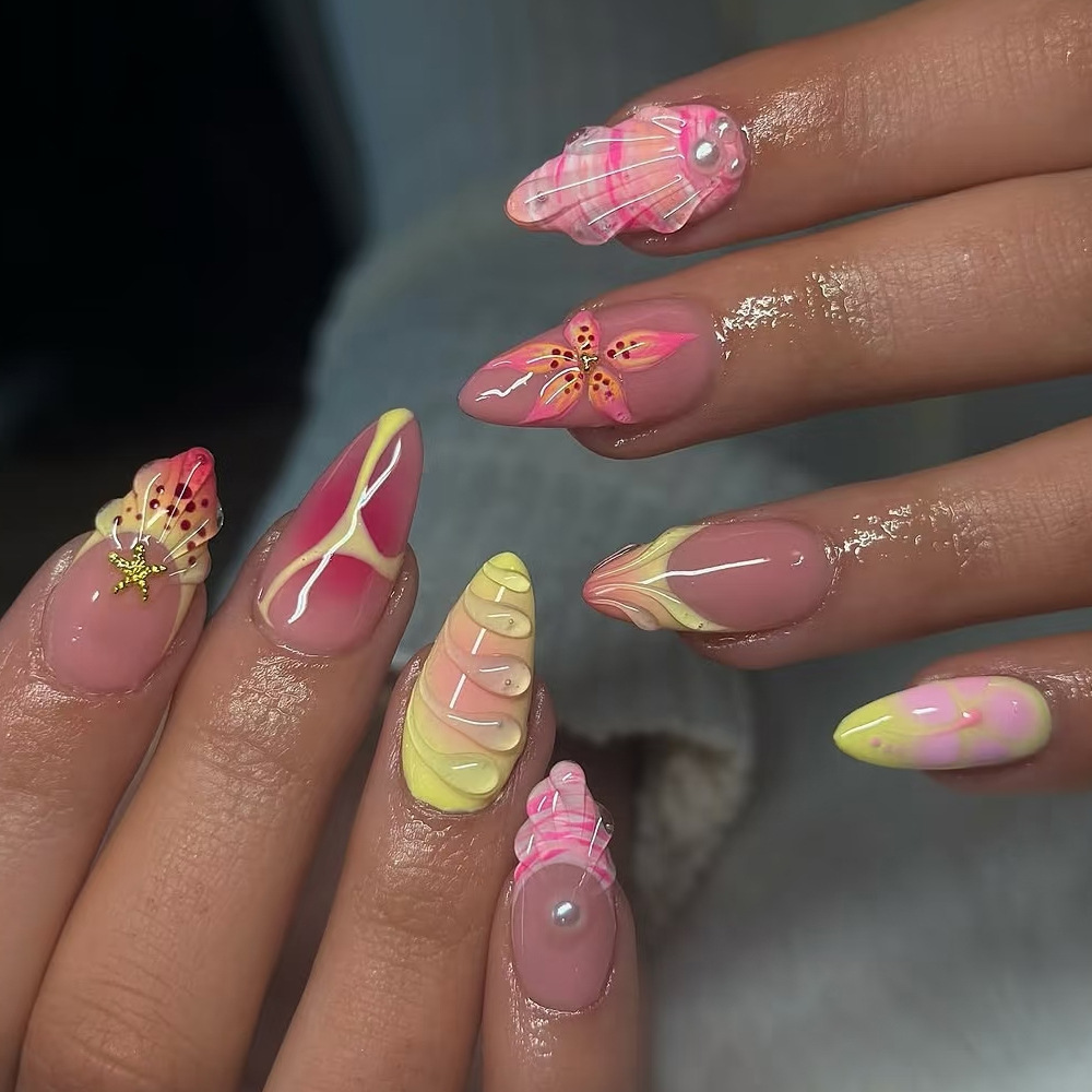 24pc Short Almond Press-On Nails Kit - 3D Scallop Design with Gemstone Accents & Elegant Gradient