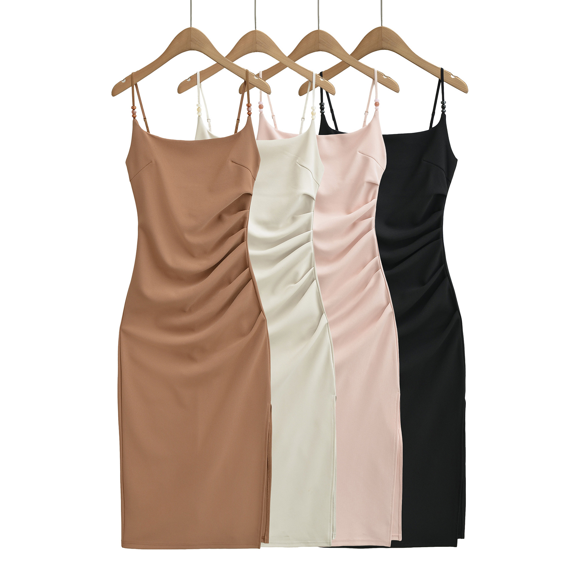 Women's Elegant Pleated Midi Camisole Dress - Slim Fit Waist-Cinching Side Slit Dress