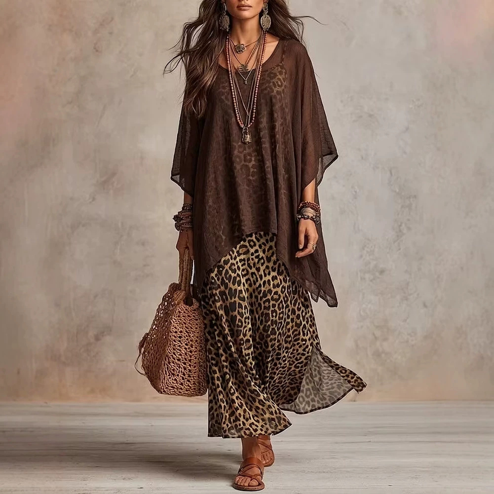 Women's Elegant Leopard Print Strap Dress & Top 2-Piece Set
