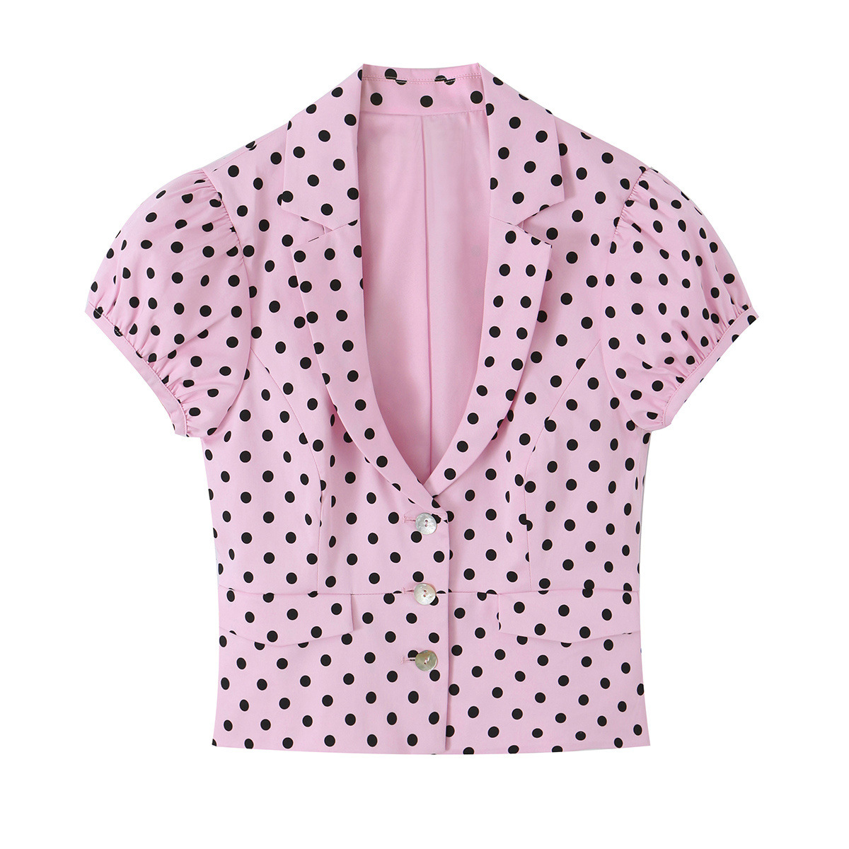 Women's French-Style Polka Dot Blouse - Elegant V-Neck Slim Fit Summer Top