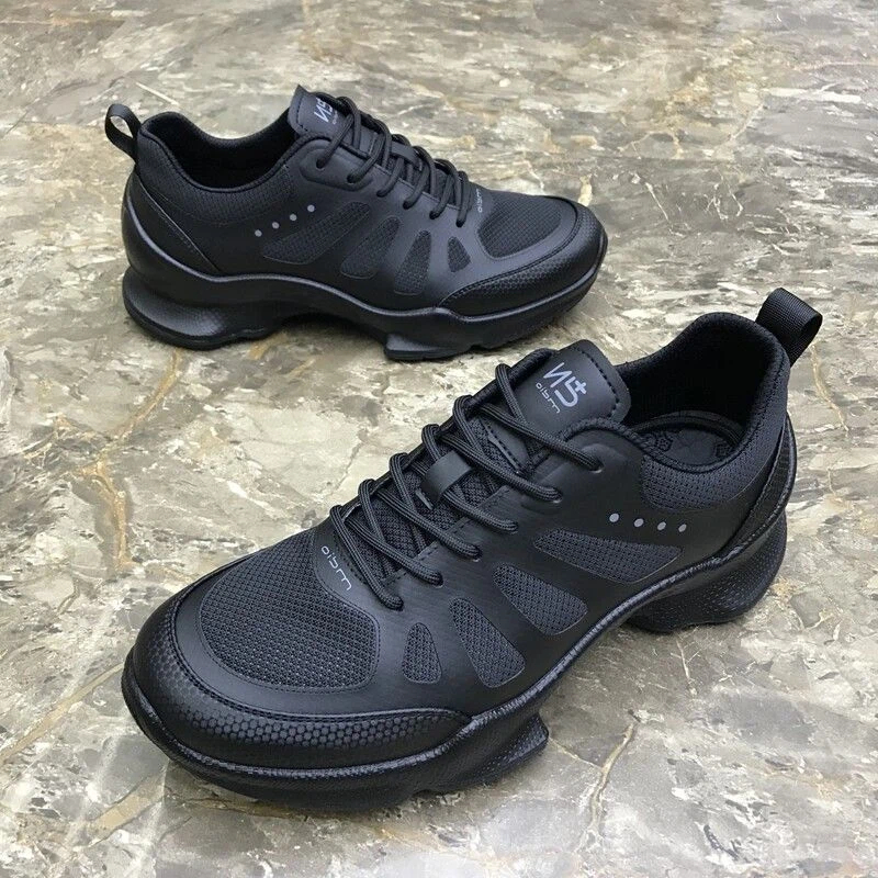 Men's Flyknit Mesh Breathable Sneakers – Trendy Black Lace-Up Platform Casual Shoes