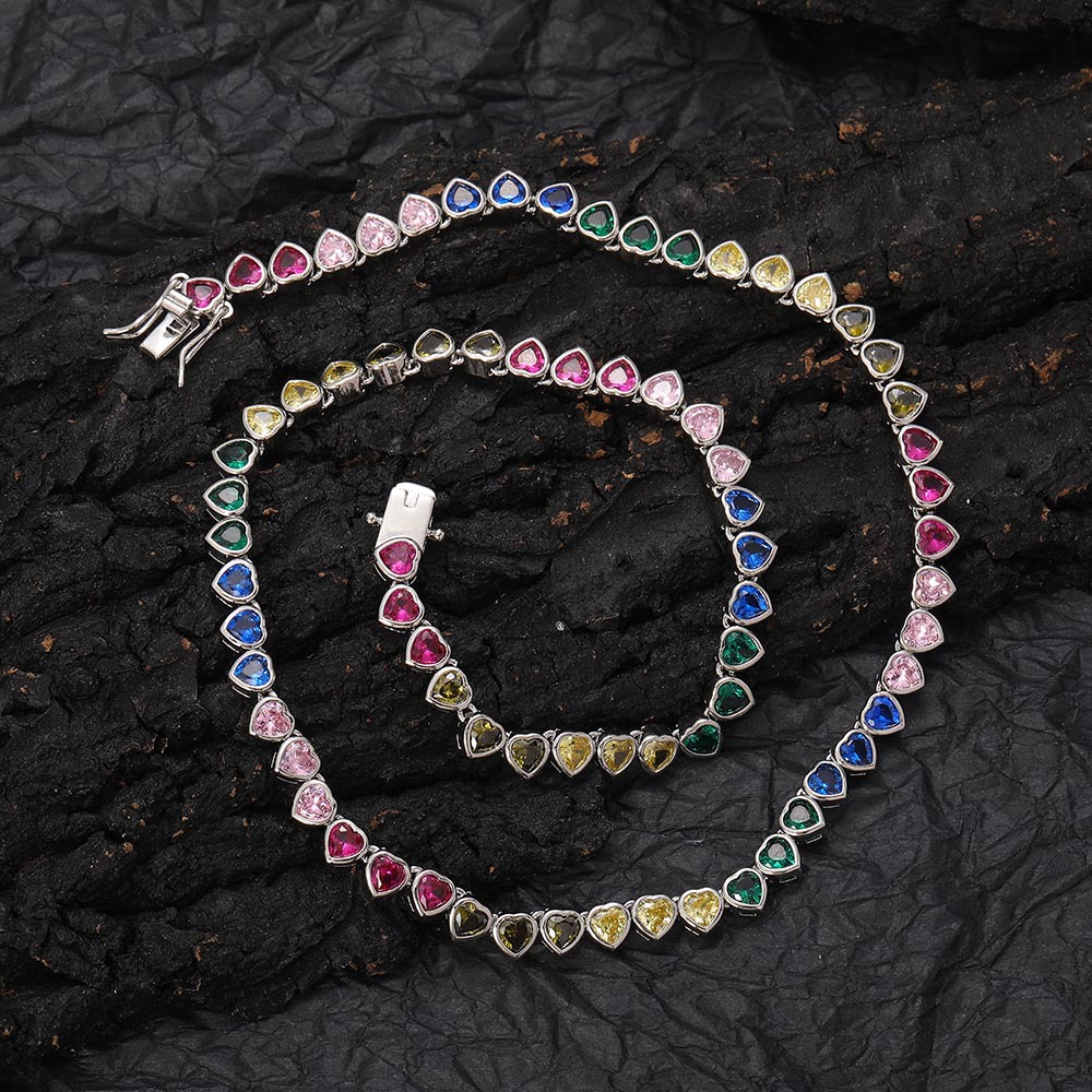 Women's Colorful Heart Zircon Tennis Chain Necklace - Rainbow Crystal Pendant Jewelry