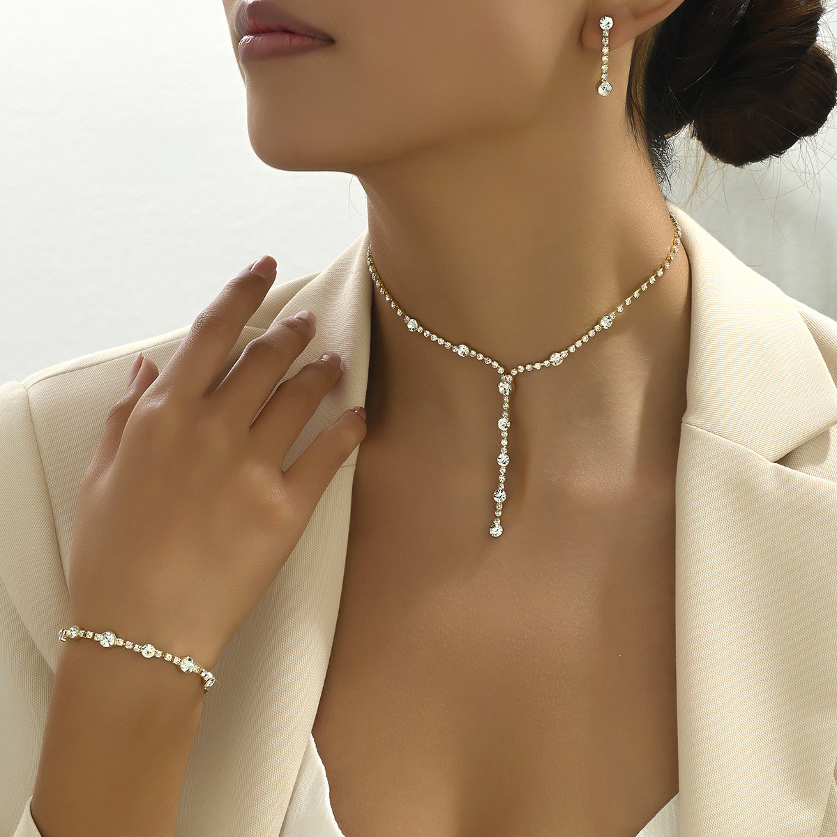 Elegant 3-Piece Cubic Zirconia Jewelry Set for Women - Sparkling High-Gloss Necklace, Bracelet & Stud Earrings Set