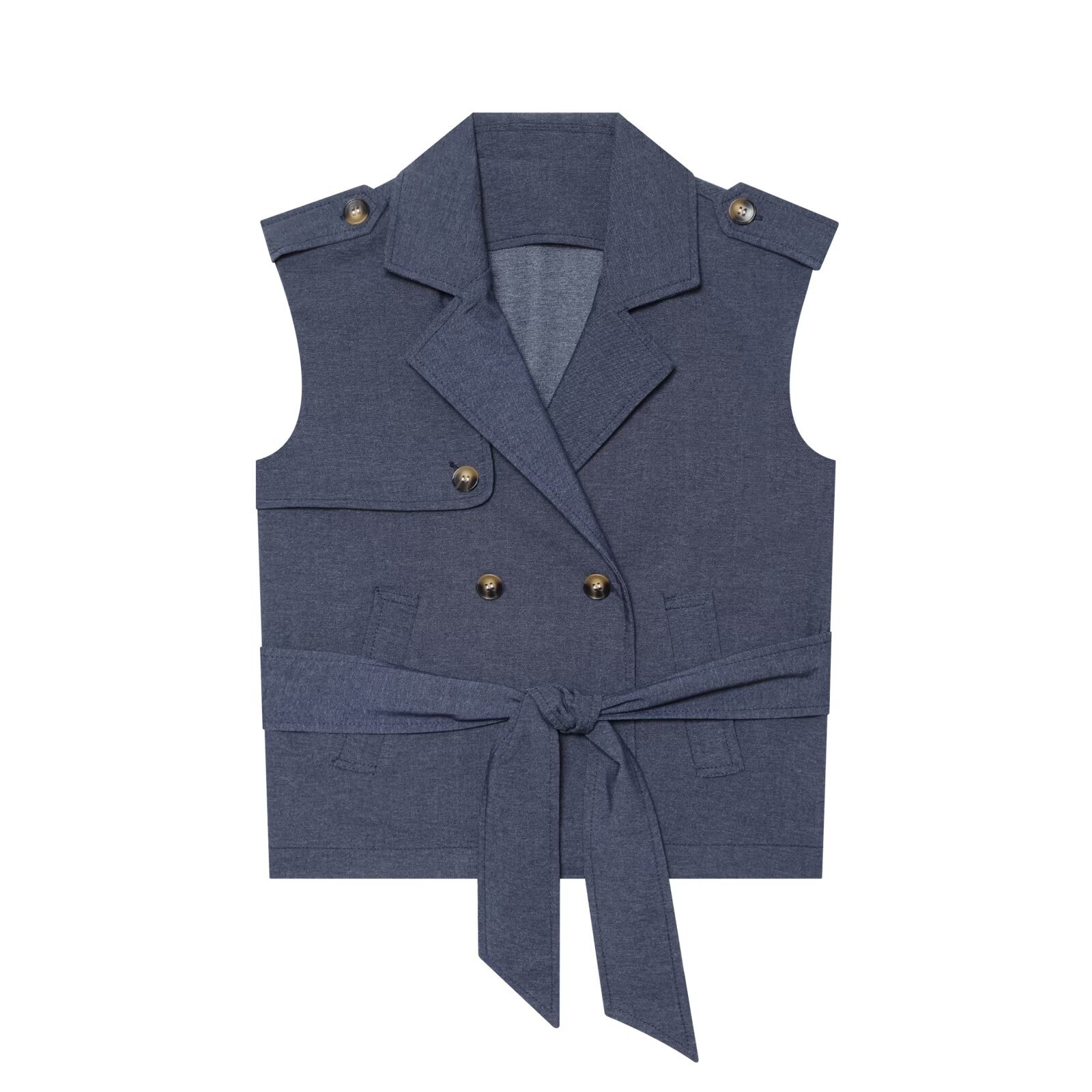 Chic Double-Breasted Sleeveless Lapel Vest with Belt - Elegant Slim Fit Navy Blue Summer Top
