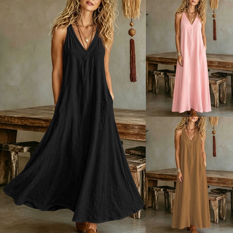 Women's V-Neck Sleeveless Maxi Beach Dress with Pockets | Flowy Summer Swing Sundress