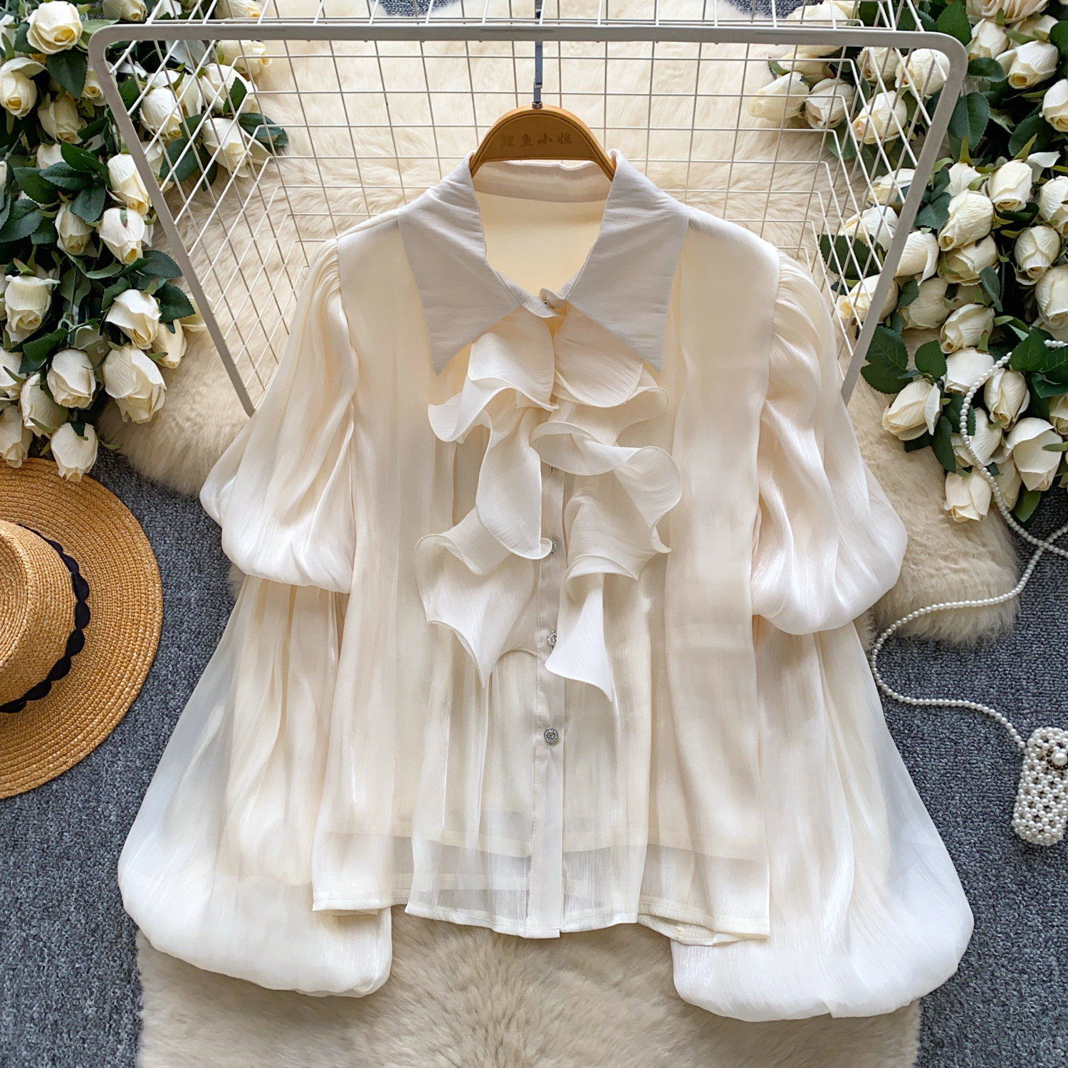 Women's Elegant Ruffled Lantern Sleeve Blouse - Vintage Loose Fit Patchwork Top