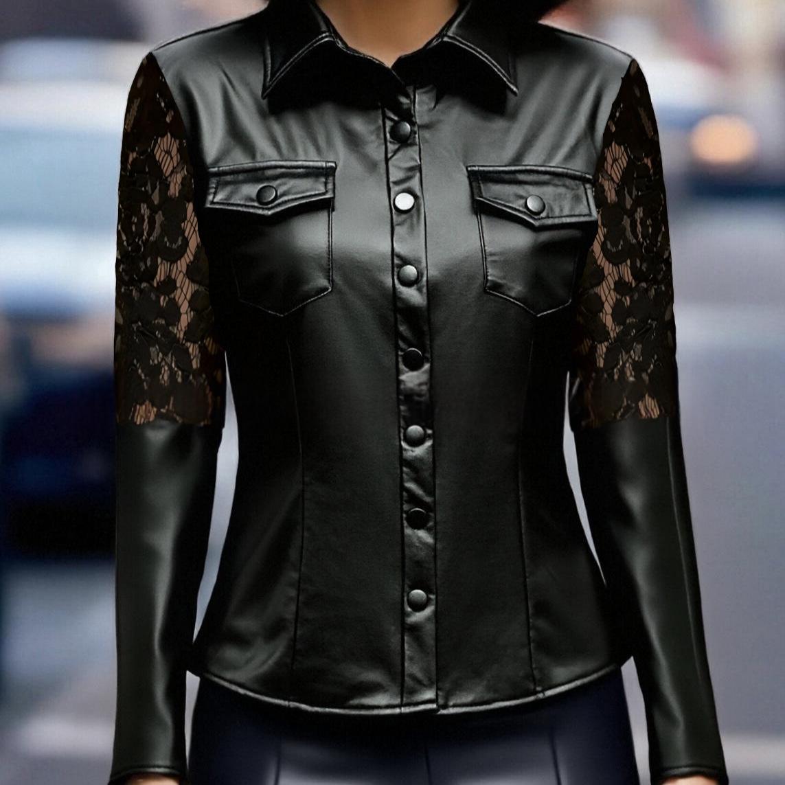 Chic Black Lace-Paneled Faux Leather Jacket - Elegant Women's Patchwork Blazer
