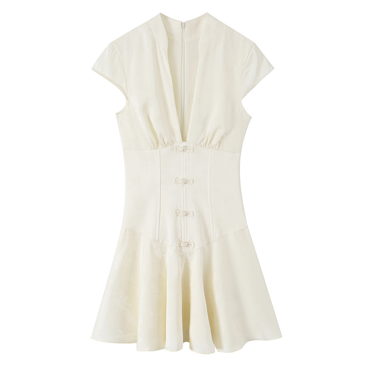 Elegant Beige Jacquard Silk-Satin Mini Dress | Chic Summer Short Sleeve Dress
