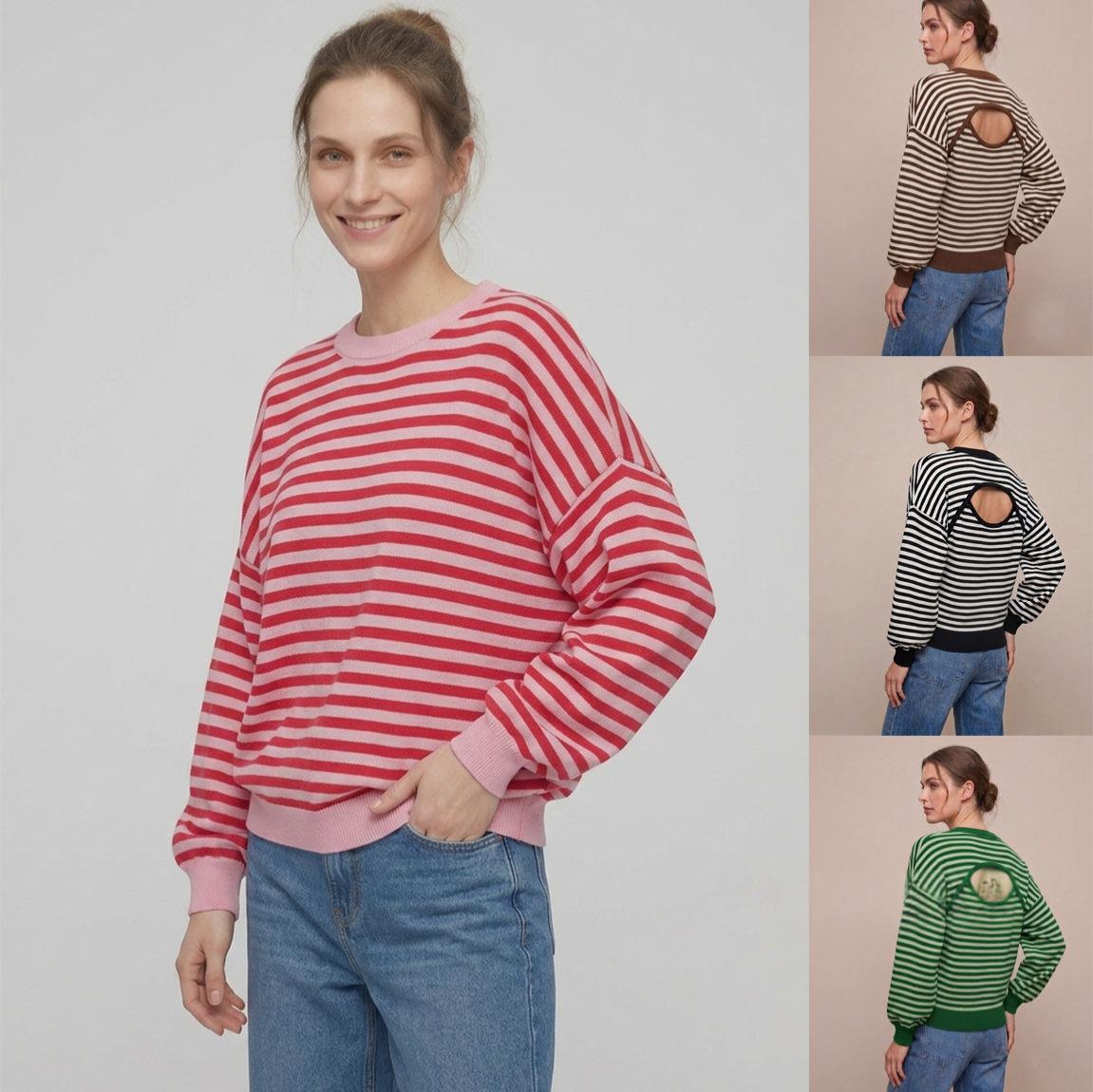Women's Backless Striped Color-Block Knit Sweater - Cozy Loose Fit Long Sleeve Pullover