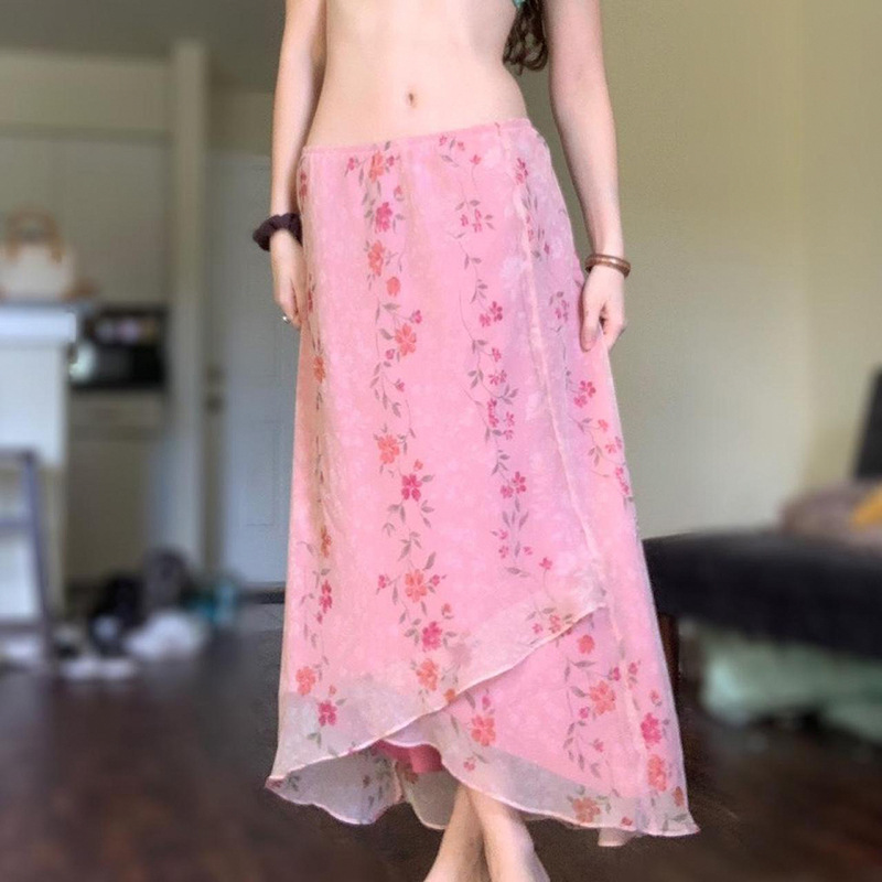 Women's Floral Print Asymmetrical Mesh Midi Skirt - High-Waisted Crochet Lace Sweet & Spicy Fashion