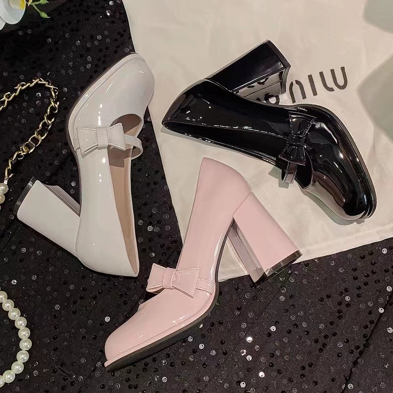 Retro Bow Square Toe Mary Jane Block Heels - Elegant Women's Vintage Pumps