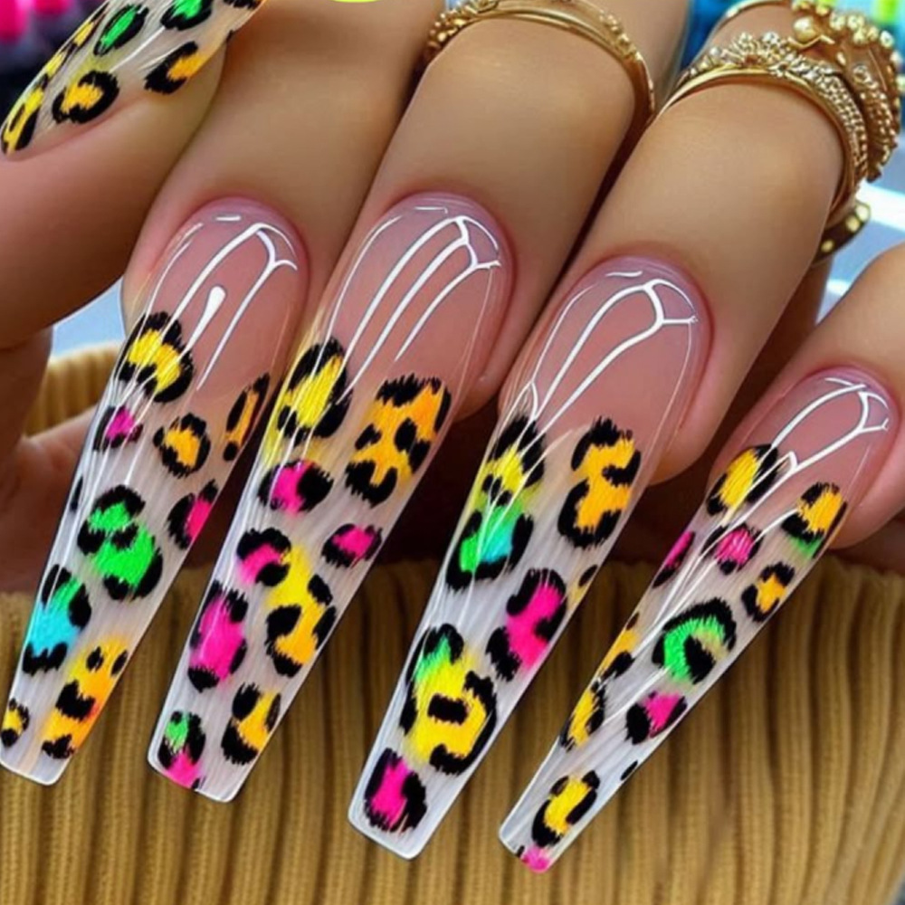 24 Pcs Long Coffin Leopard French Press-On Nails Kit - Trendy Gradient Acrylic Fake Nails Set with Jelly Glue & File