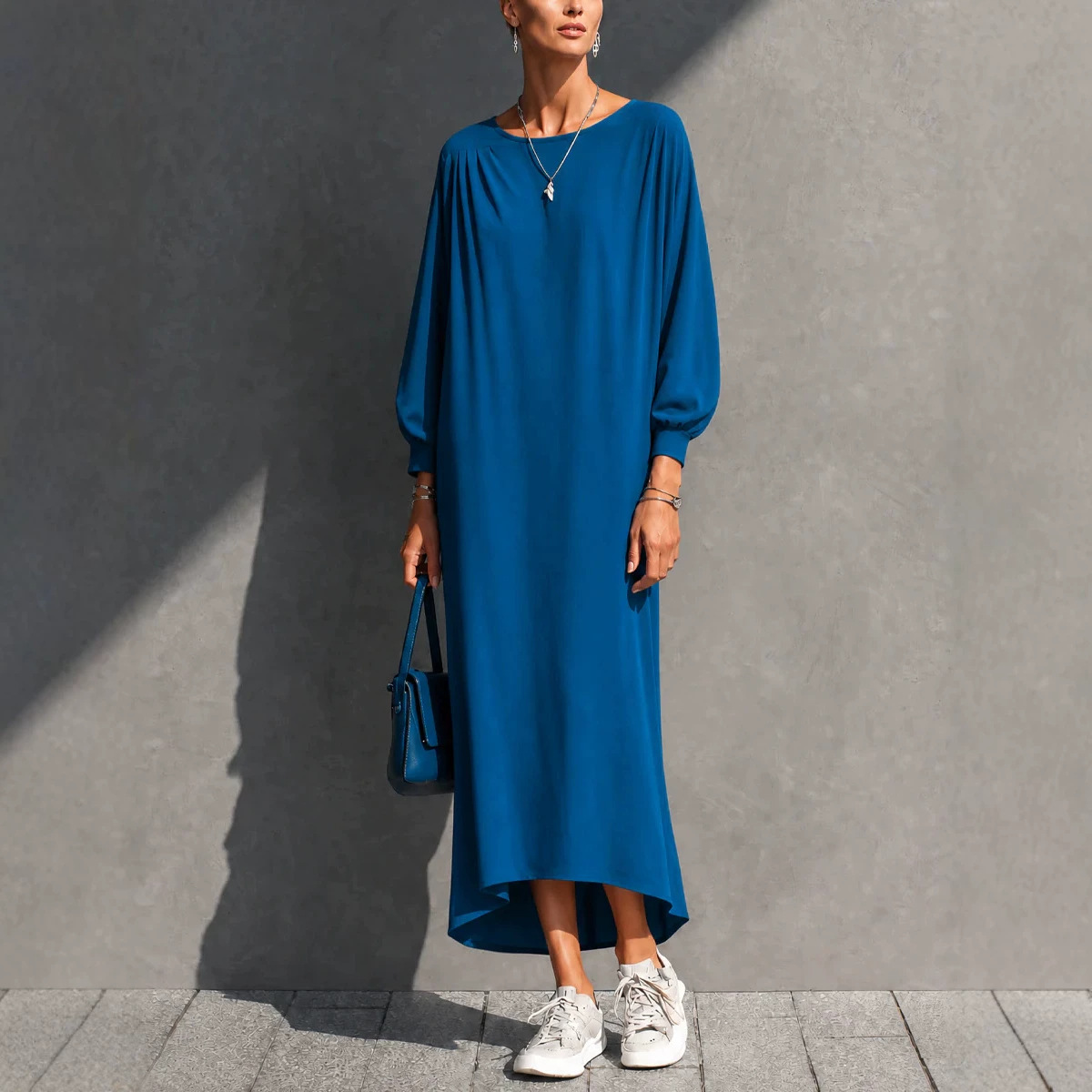 Women's Elegant Batwing Sleeve Pleated Maxi Dress | Flowy Asymmetrical Long Dress