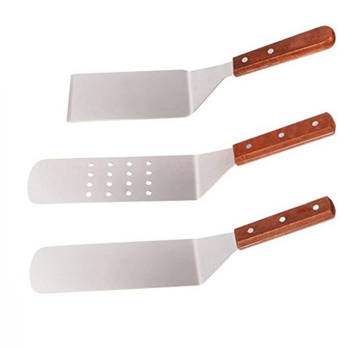Professional 3-Piece Stainless Steel BBQ Spatula Set - Heavy Duty Griddle & Frying Utensils with Ergonomic Wooden Handles