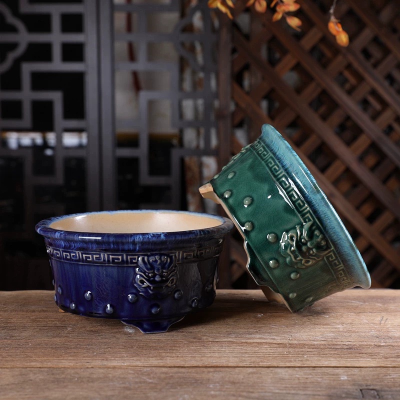 Elegant Glazed Ceramic Bonsai Pot - Shallow Succulent Planter & Decorative Flower Basin