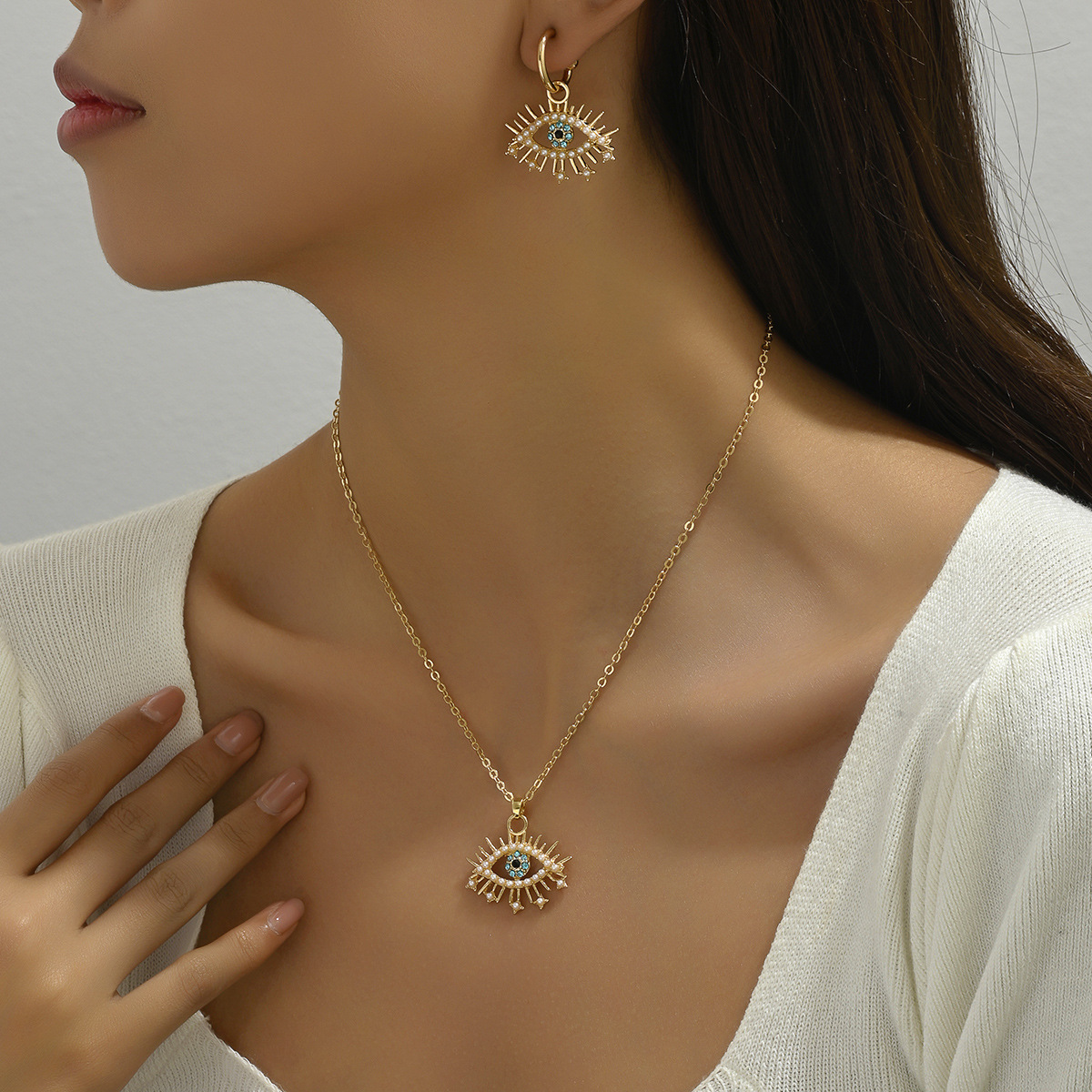 Trendy Hip Hop Evil Eye Jewelry Set for Women | Cubic Zirconia Clavicle Chain Necklace & Matching Stud Earrings