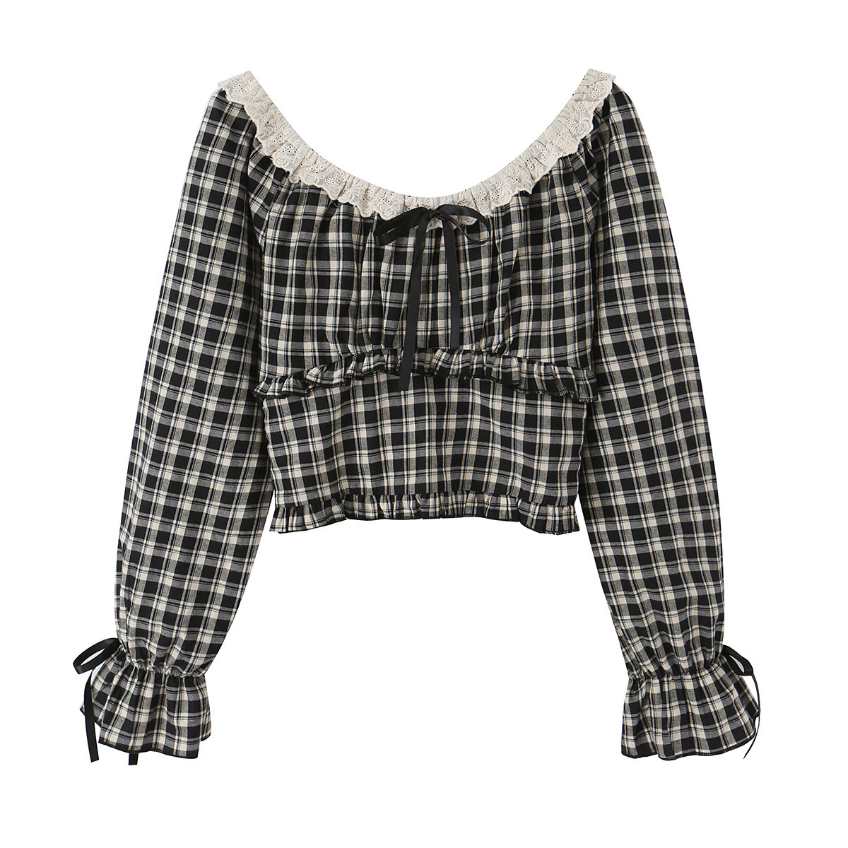 Vintage Chic Plaid Lace Crop Top - Elegant Square Neck Long Sleeve Top