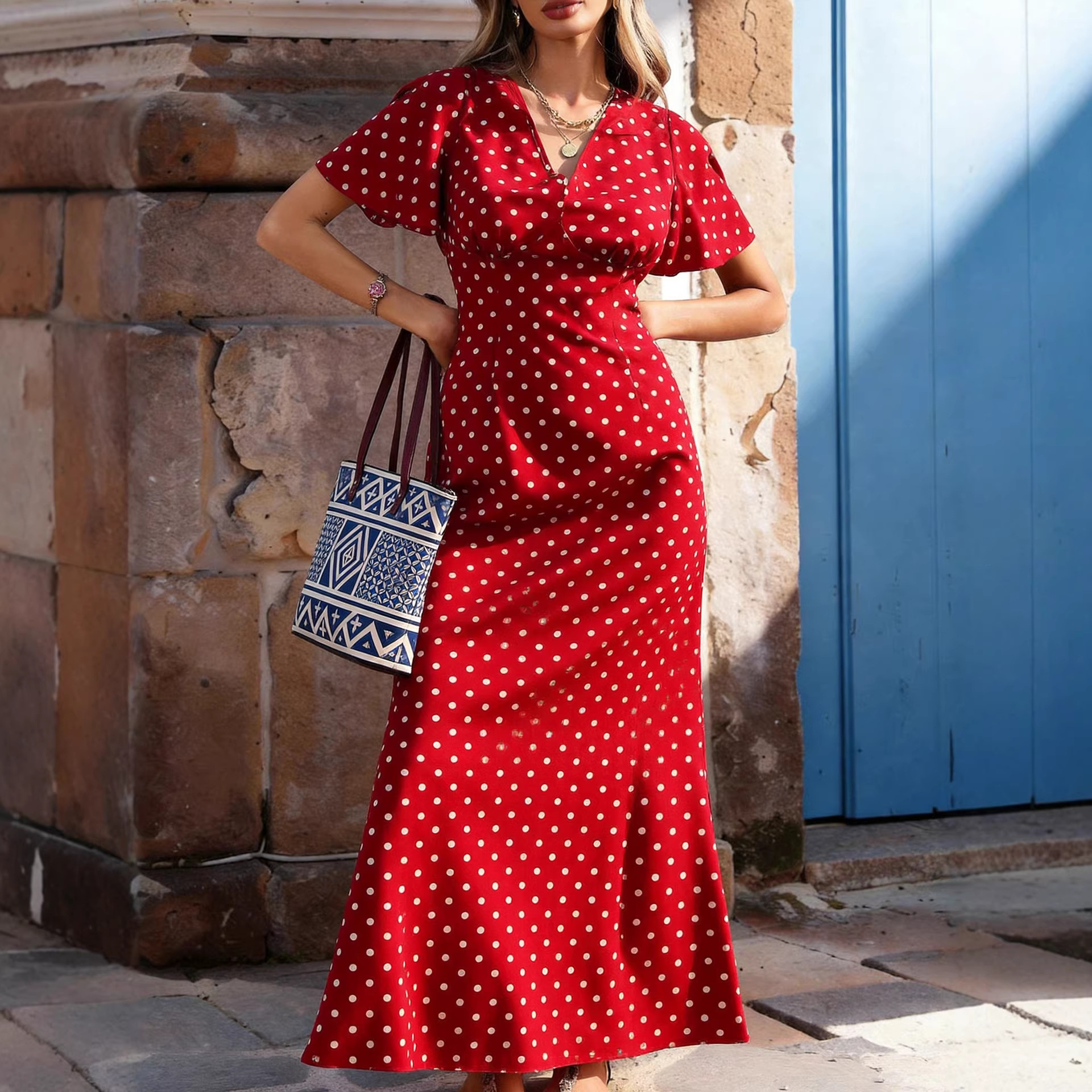 Elegant Women's Retro Polka Dot V-Neck Dress - Ruffled Fishtail Party Dress