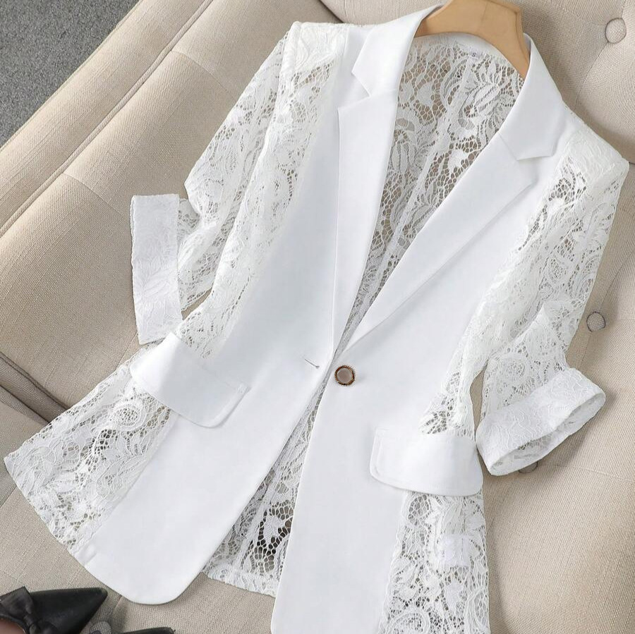 Chic Lace-Panel Blazer for Women - Elegant Regular Fit Knit Jacket