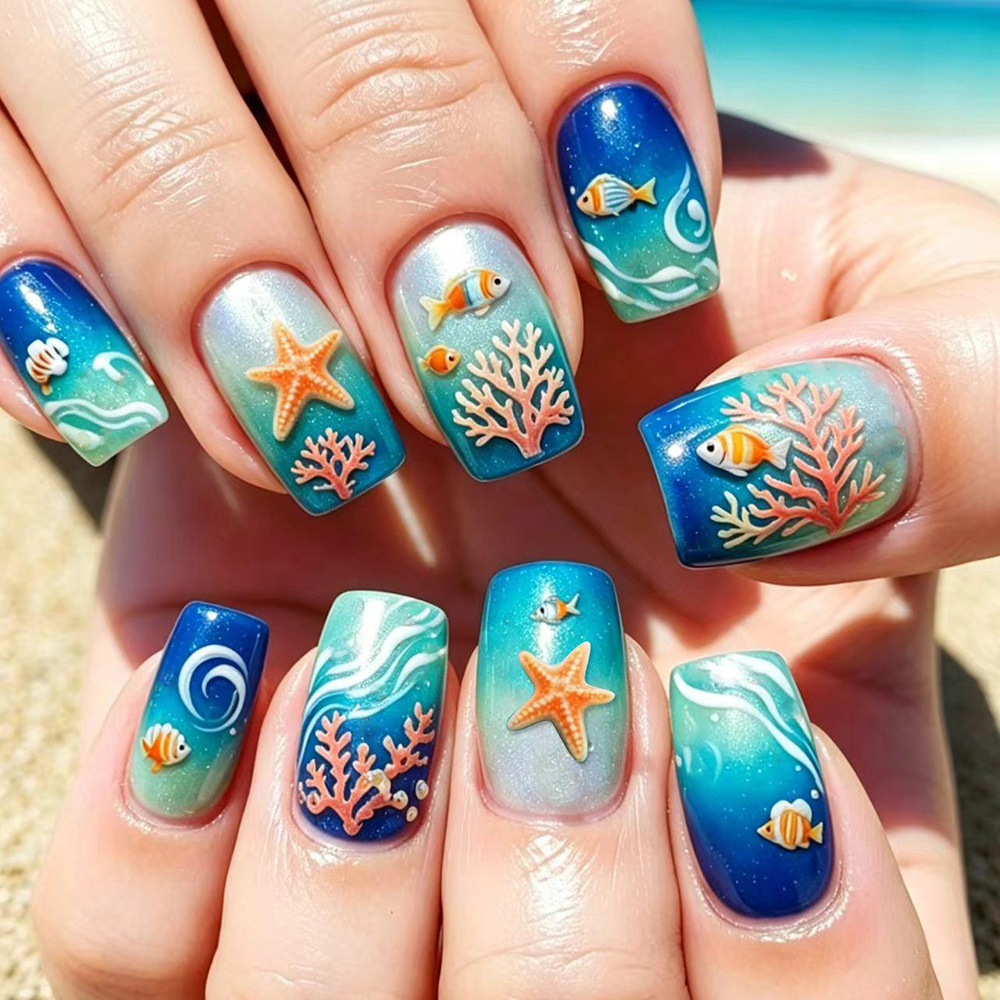 24pc Ocean Blue Gradient Press-On Nails - 3D Sea Star & Coral Acrylic Nail Kit with Glue & File