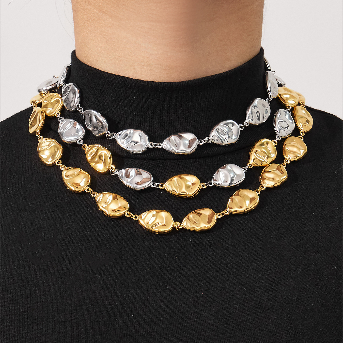 Handmade Textured Hollow Stainless Steel Jewelry Set for Women - Elegant Necklace, Bracelet & Waist Chain