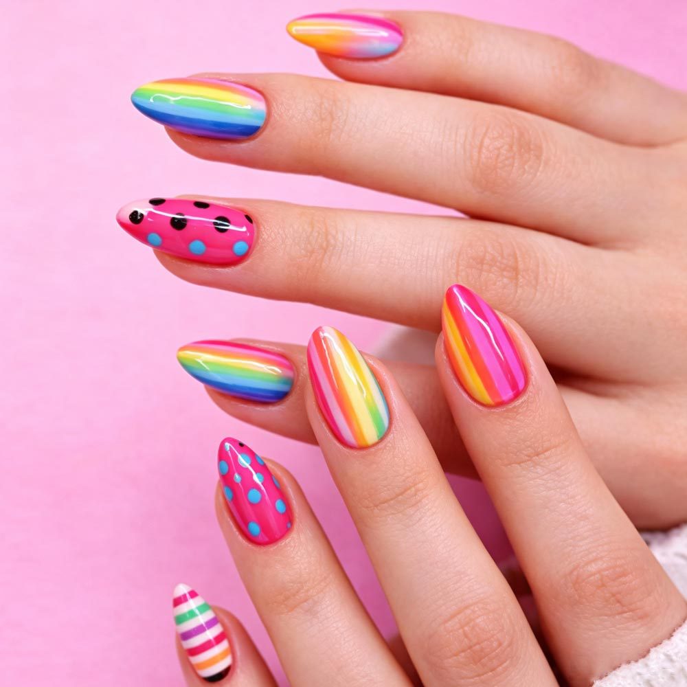 24-Piece Rainbow Stripe Short Almond Press-On Nails Kit - Acrylic False Nails with Jelly Glue & File