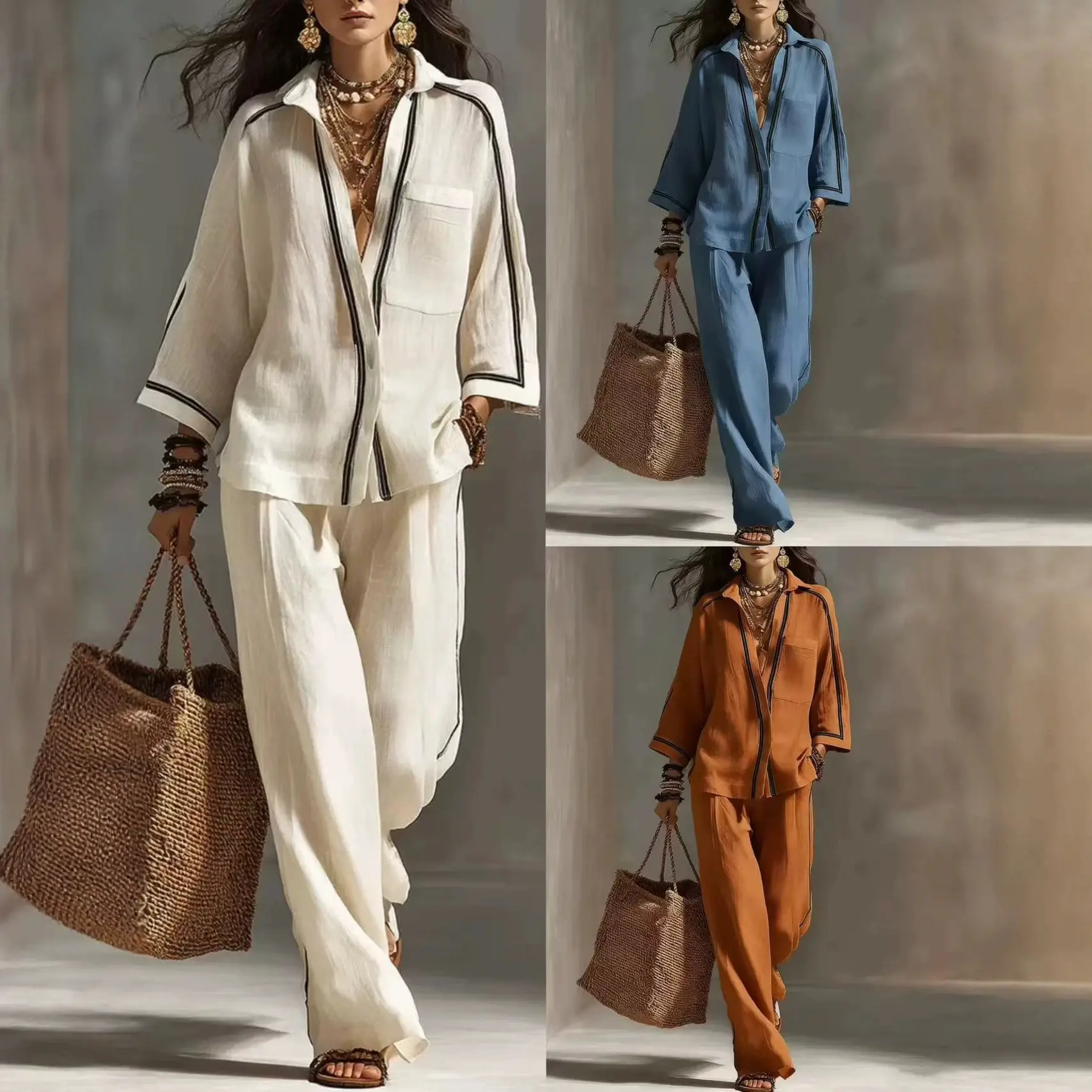 Women's Elegant 2-Piece Outfit Set: Color-Block 3/4 Sleeve Blouse & Wide-Leg Pants